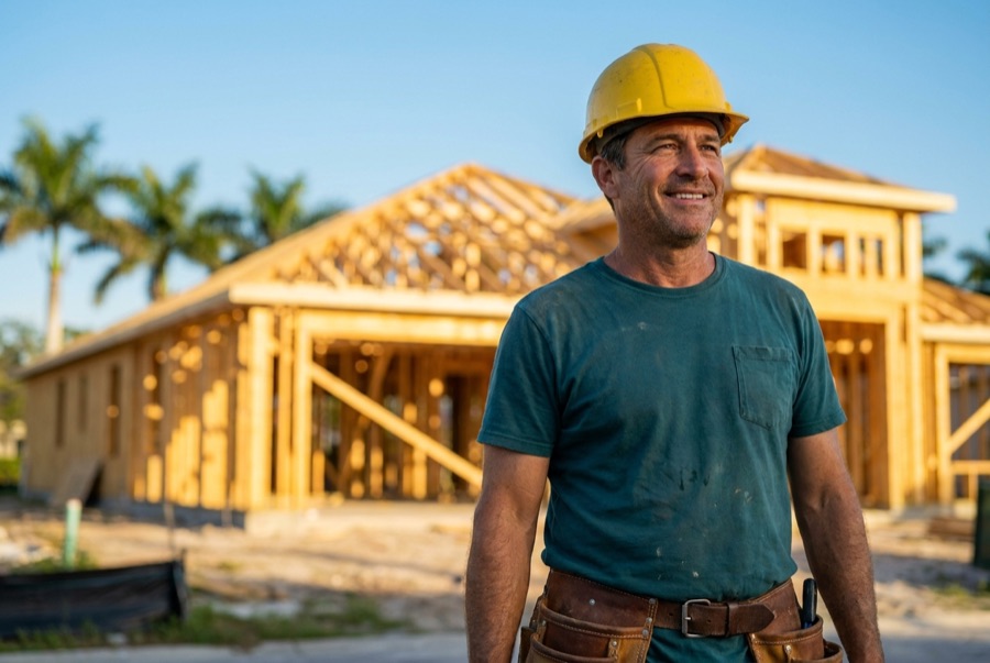 Trabalhador da construção sorrindo em obra residencial na Florida