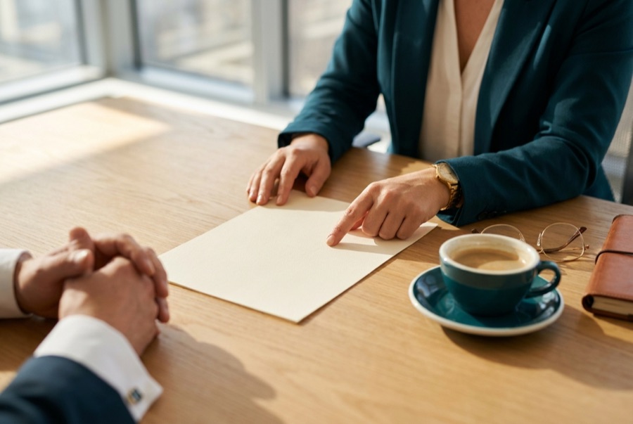 Consultora apontando um documento simples para o cliente em mesa clara