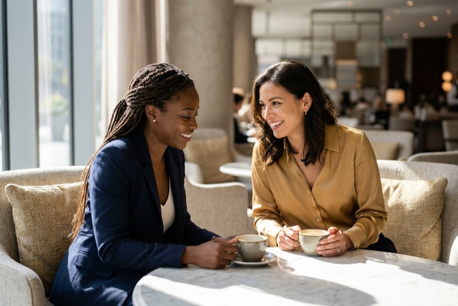 Duas mulheres conversando com atenção e café em ambiente claro